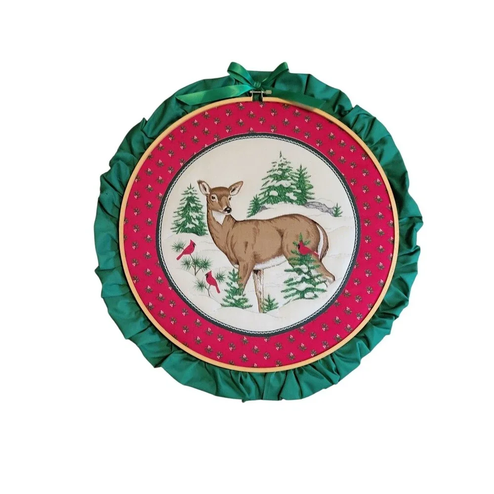 Christmas Deer Handmade Hoop Art Buck Doe Winter Wall Art Vintage 17.5